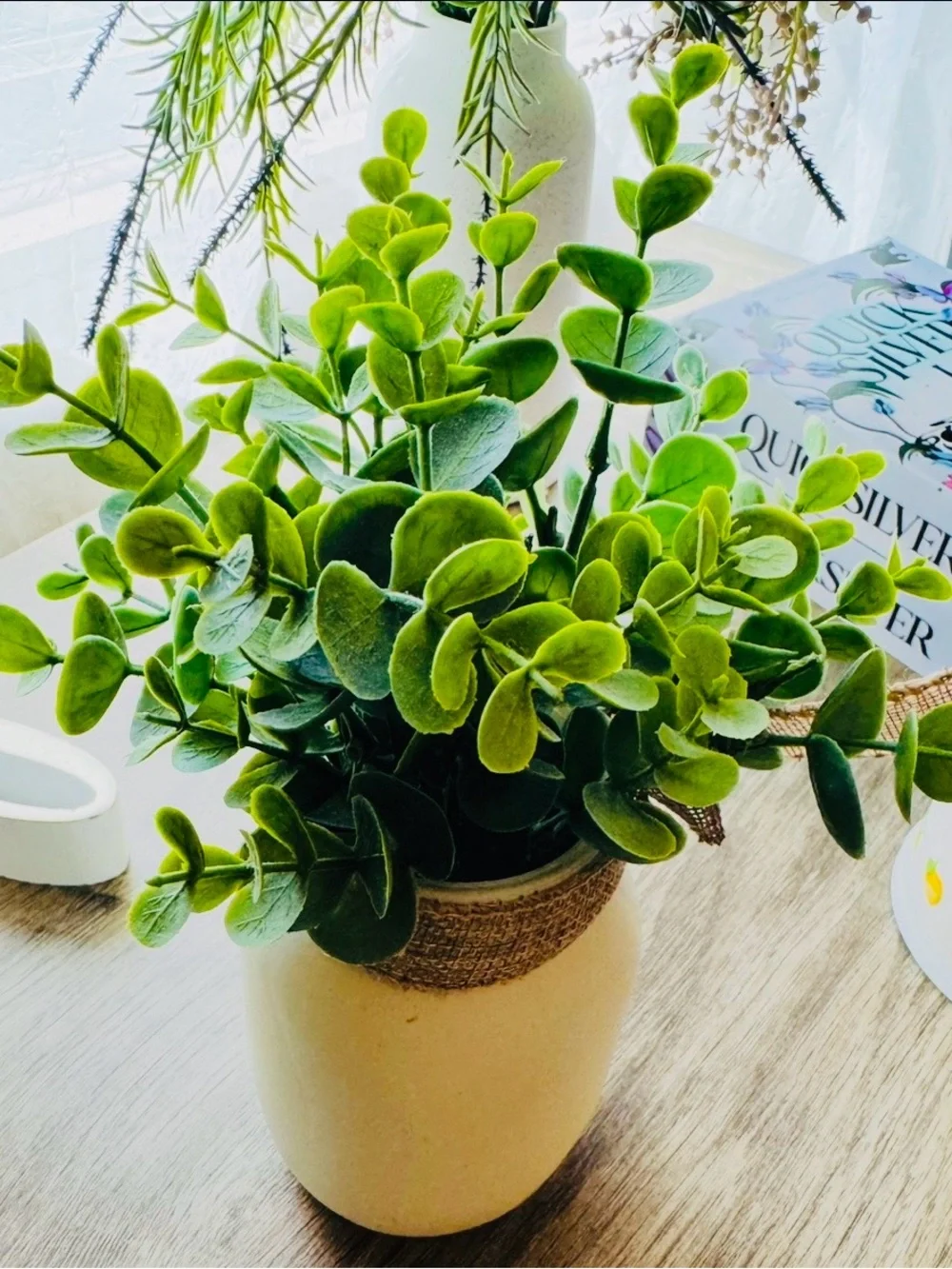 Don’t Buy Please! Thank You! Green Faux Eucalyptus Plant in Cream Ceramic Pot
